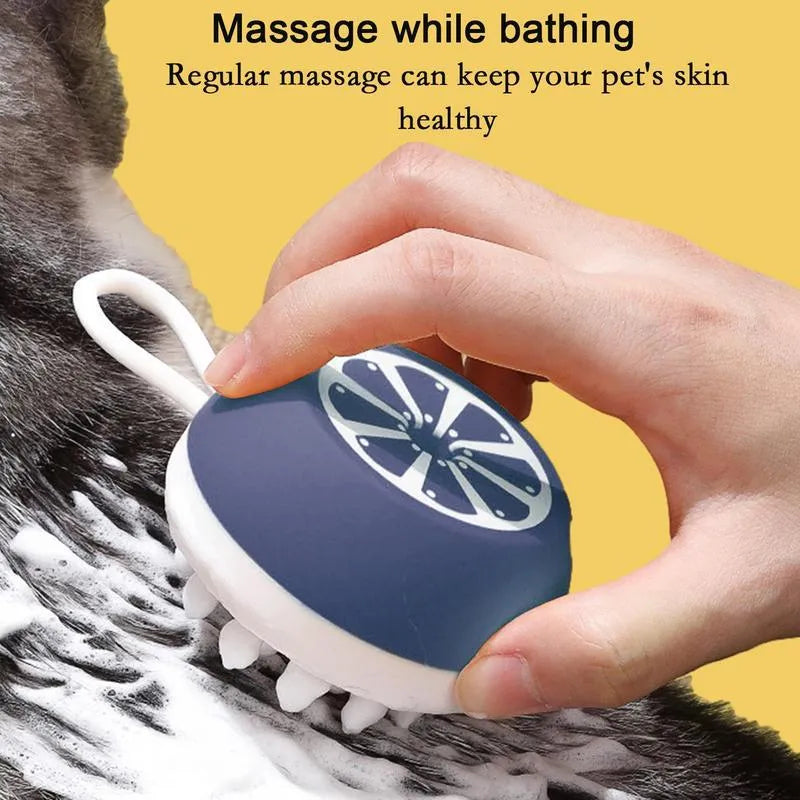 3-in-1 dog shampoo brush with silicone bristles and massage points for pet bathing