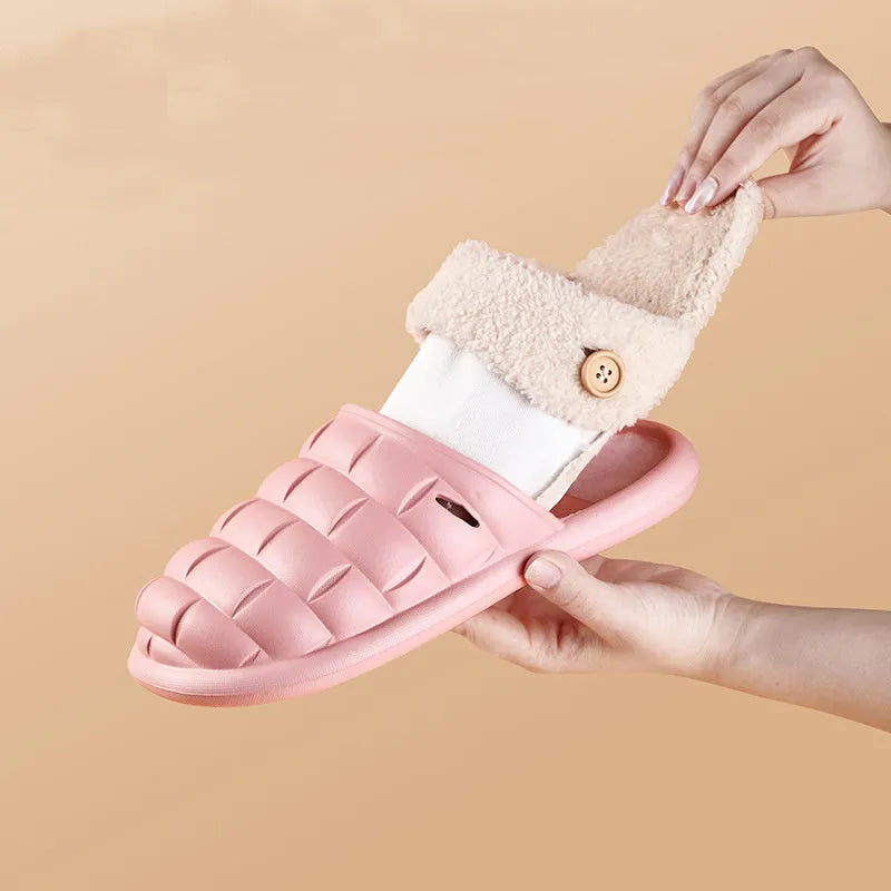 Plaid detachable EVA house slippers with plush lining, shown in multiple colours on a white background.