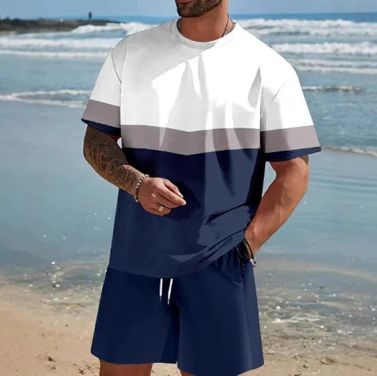 Men's loose fit polyester shorts suit set with short sleeve top and matching shorts for summer leisurewear