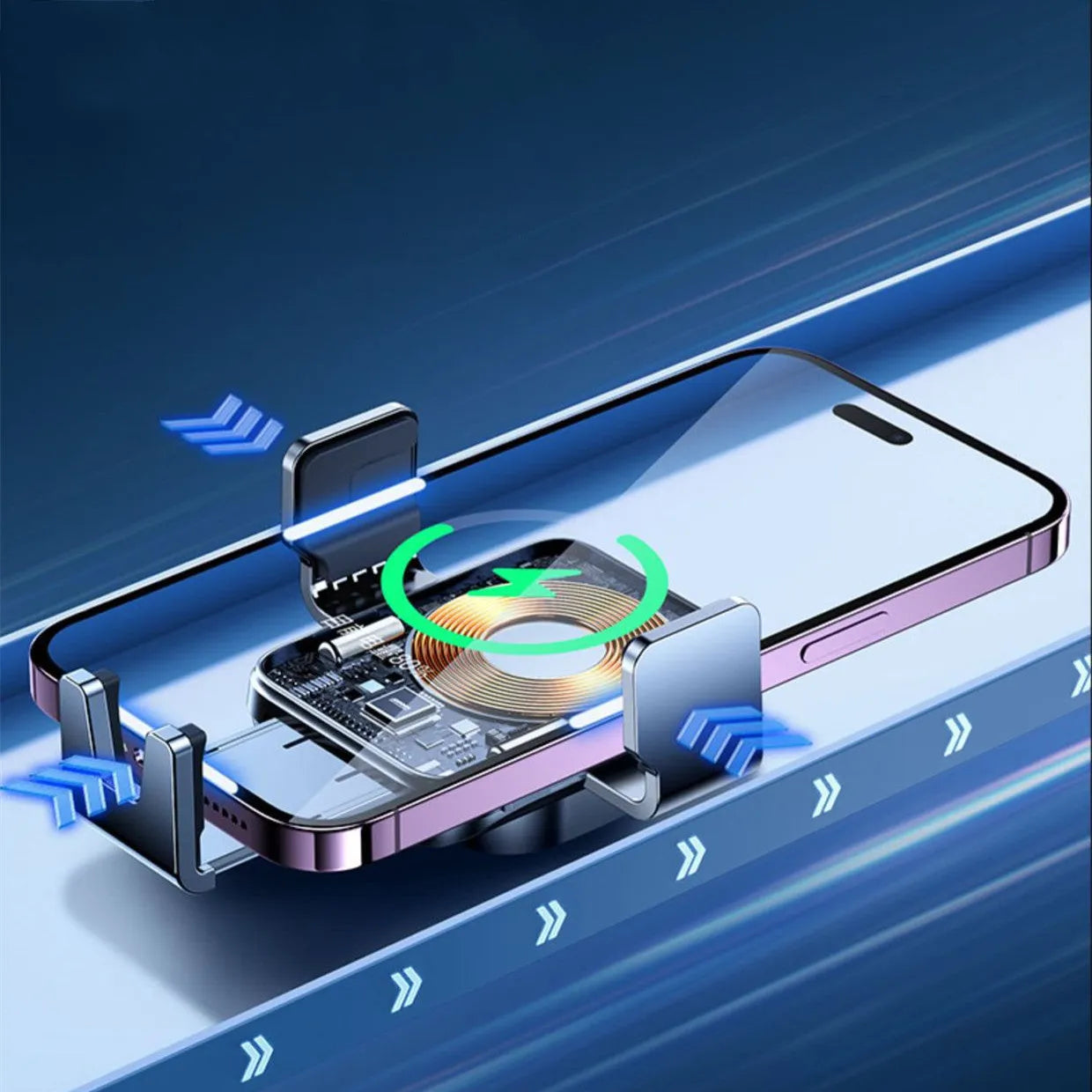 Black car air vent wireless phone charging bracket with automatic arms, shown with a mobile phone.