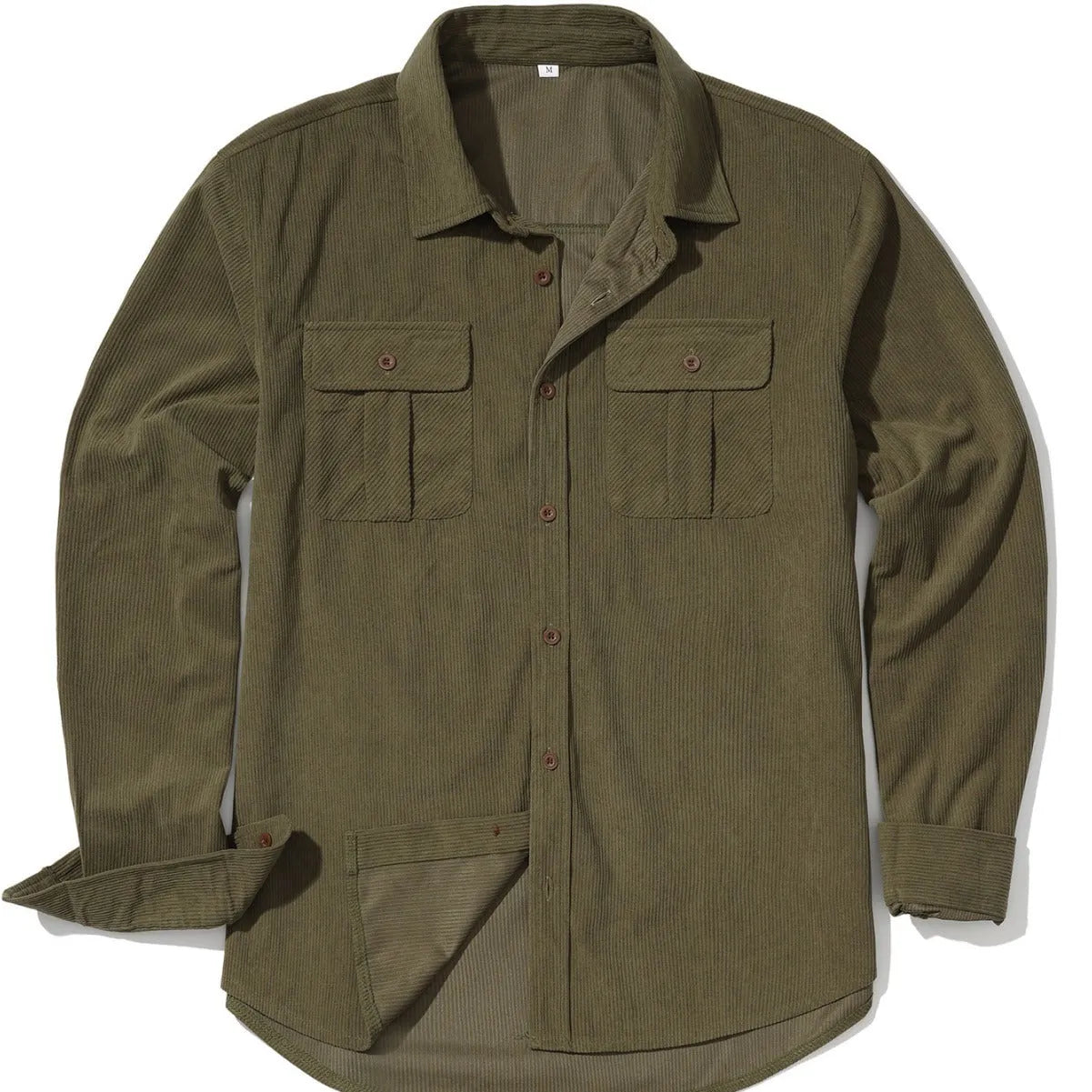 Men's loose fit corduroy shirt in army green colour with long sleeves and retro styling