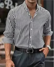 Men's loose fit striped casual button shirt in cardigan style with long sleeves