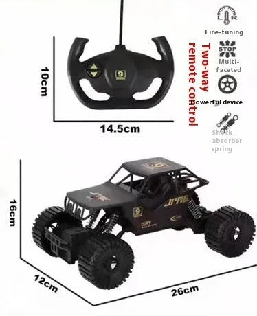 Super large black remote control off-road toy car with four-wheel drive and spring rod design on outdoor ground