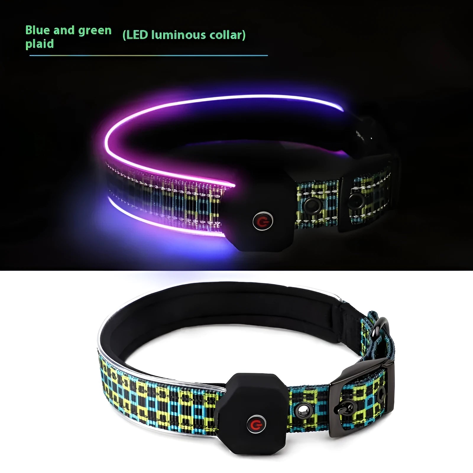 Blue and green plaid LED dog collar with reflective stripe and USB charging port.