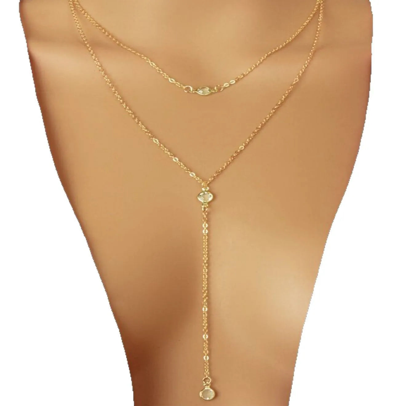 Alloy geometric pendant necklace with electroplated gold finish and O-ring chain on woman