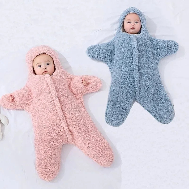 Lambskin velvet baby sleeping bag with hood and zipper in pink colour for newborn winter travel