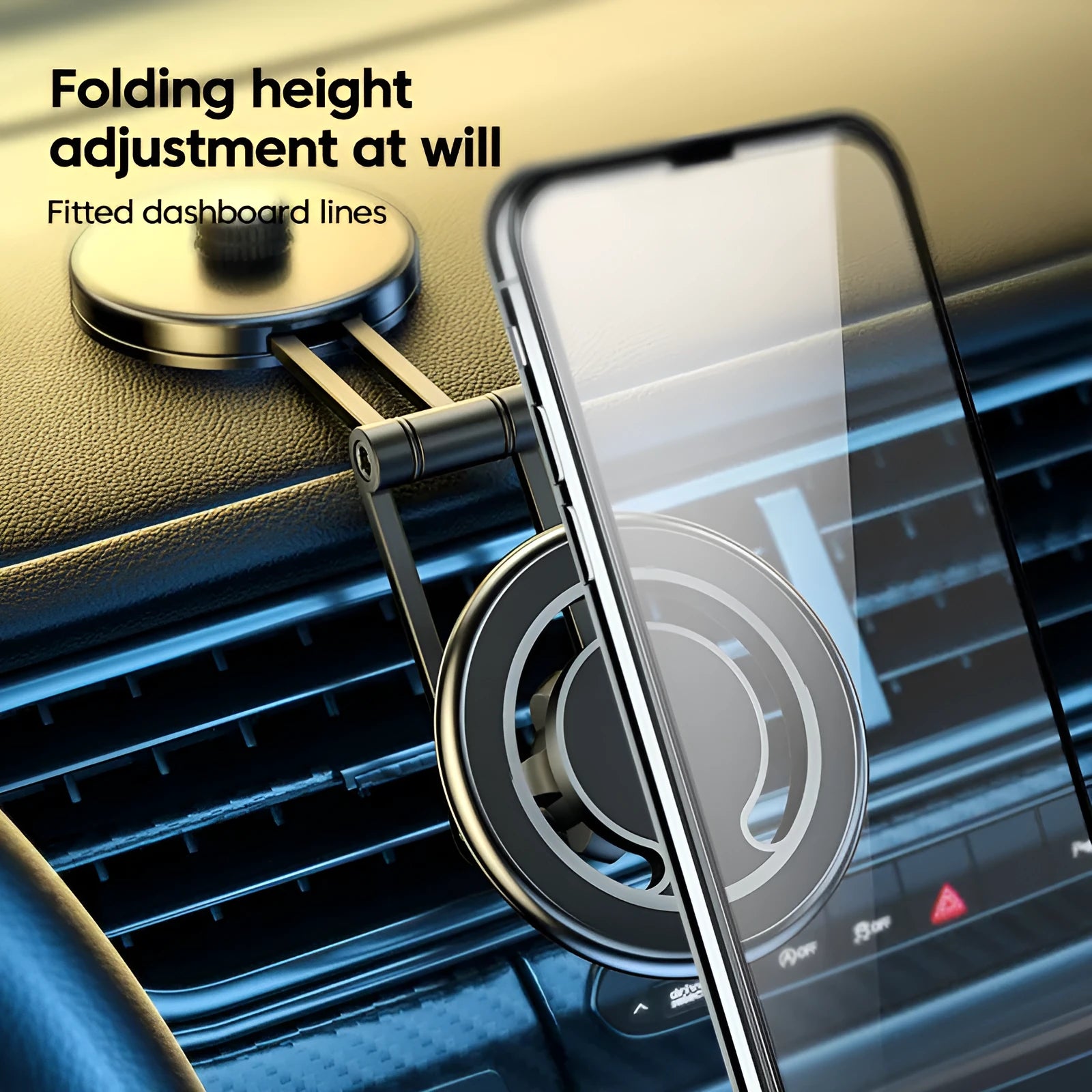 Telescopic folding magnetic car phone holder in black or silver mounted on a car dashboard.