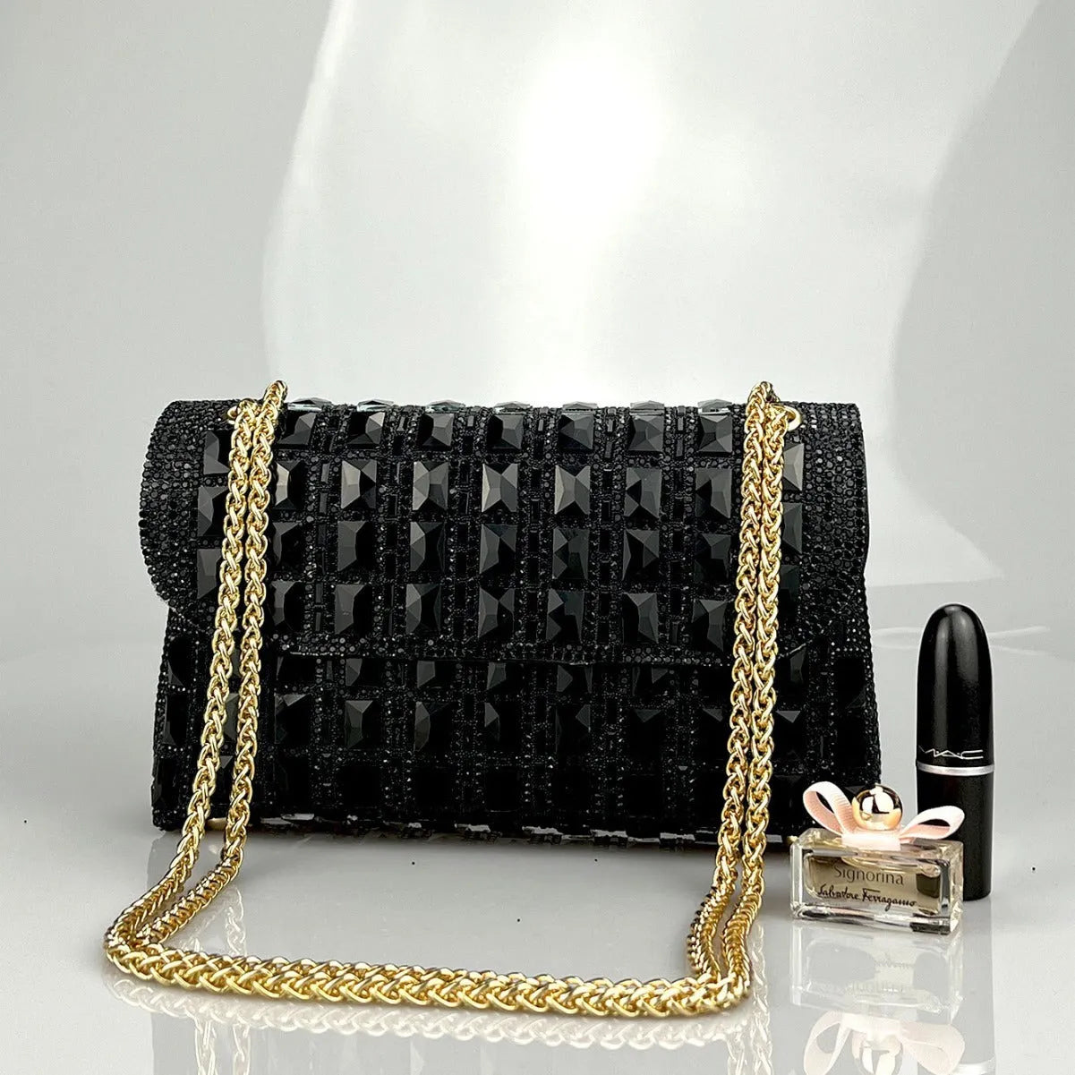 Shiny glass rhinestone chain clutch bag in horizontal square shape with open pocket