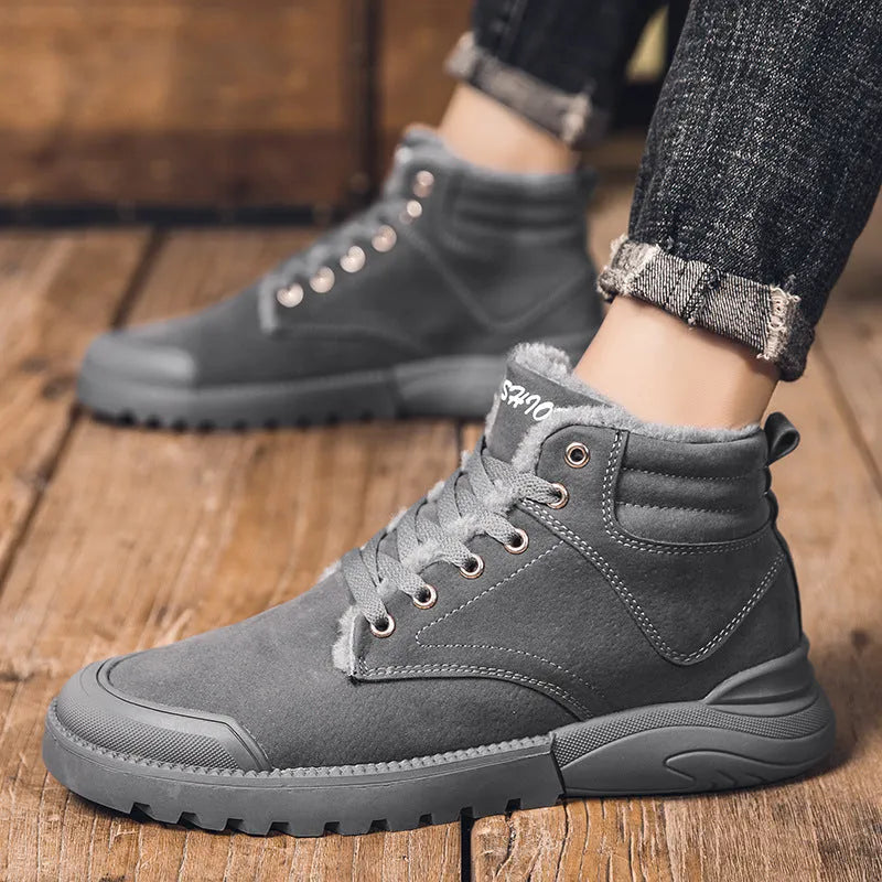 Men's winter ankle boots warm plush shoes suede upper rubber sole round toe flat heel high top front tie solid colour black grey yellow
