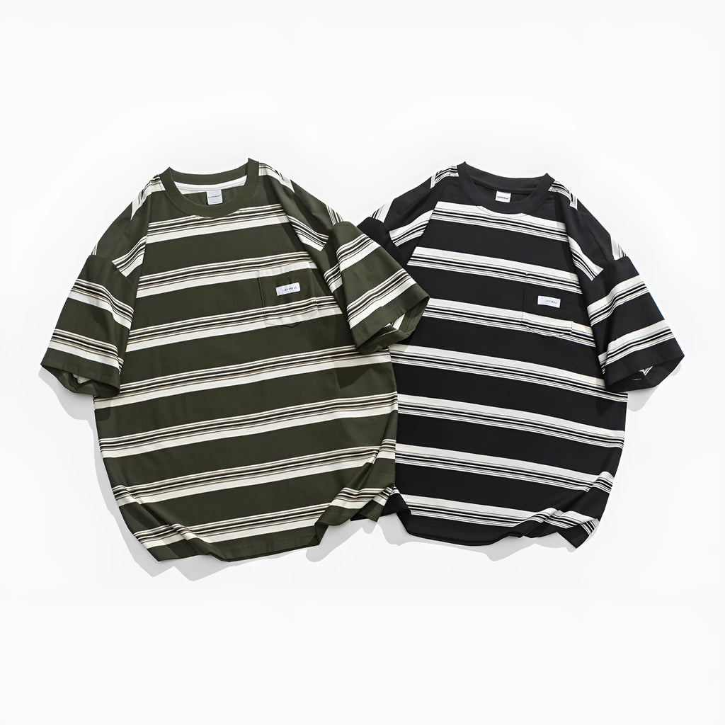Casual loose striped cotton short sleeve round neck T-shirt with front pocket in black and green, sizes M-XXL
