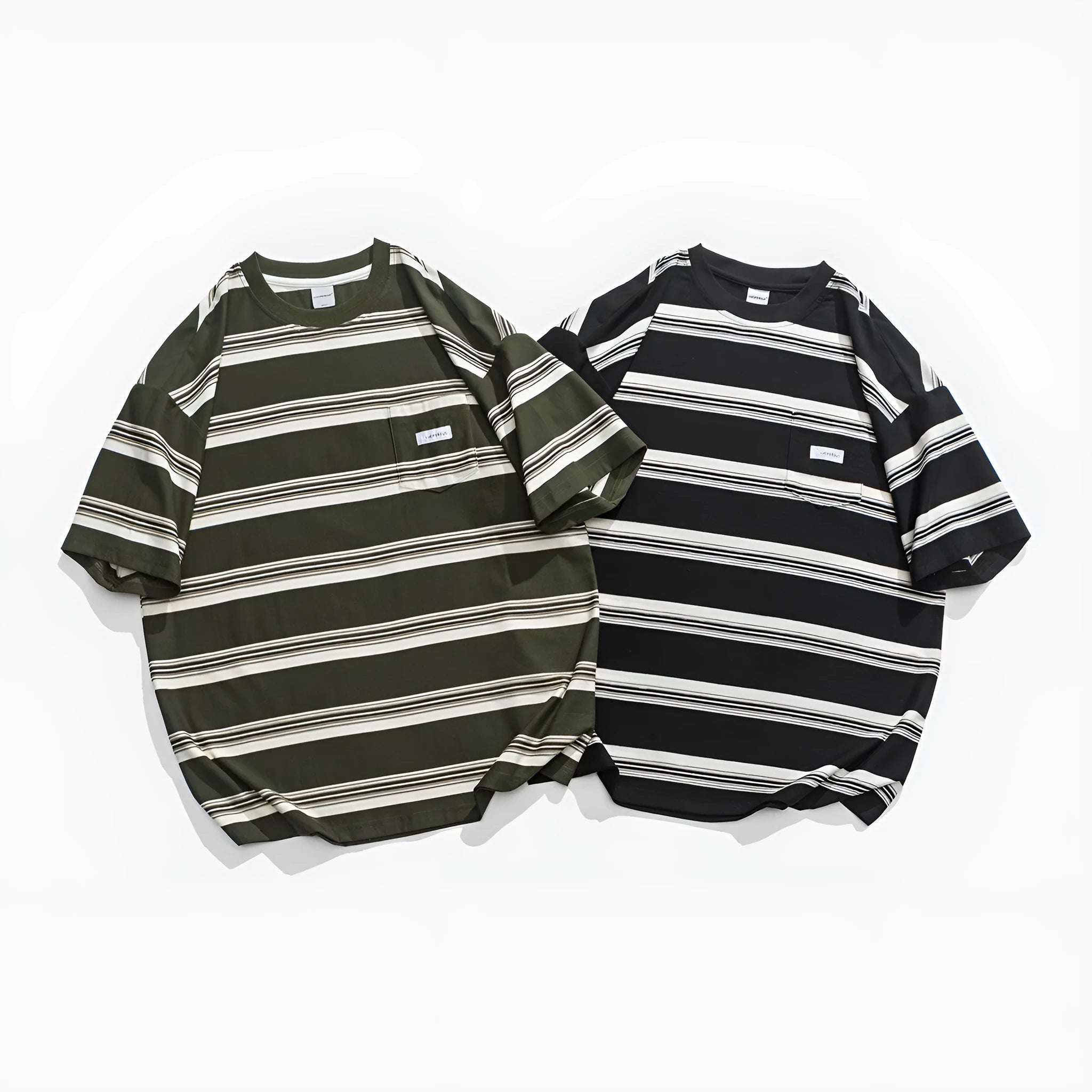 Casual loose striped cotton short sleeve round neck T-shirt with front pocket in black and green, sizes M-XXL