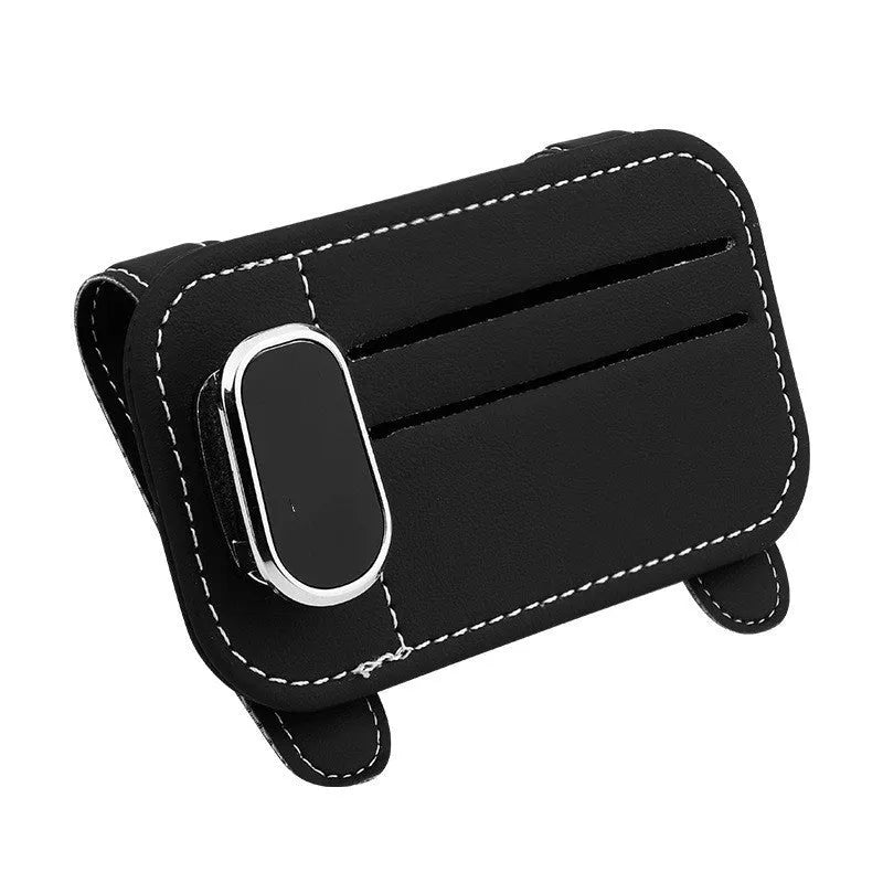 Car sun visor card holder with glasses clip in leather with snap-on installation