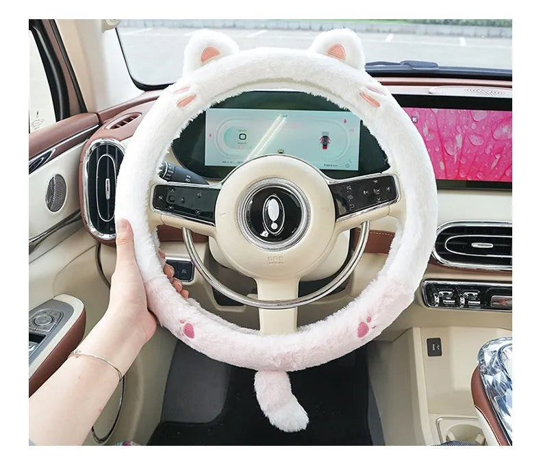 Plush cartoon animal embroidered steering wheel cover for cars in winter.