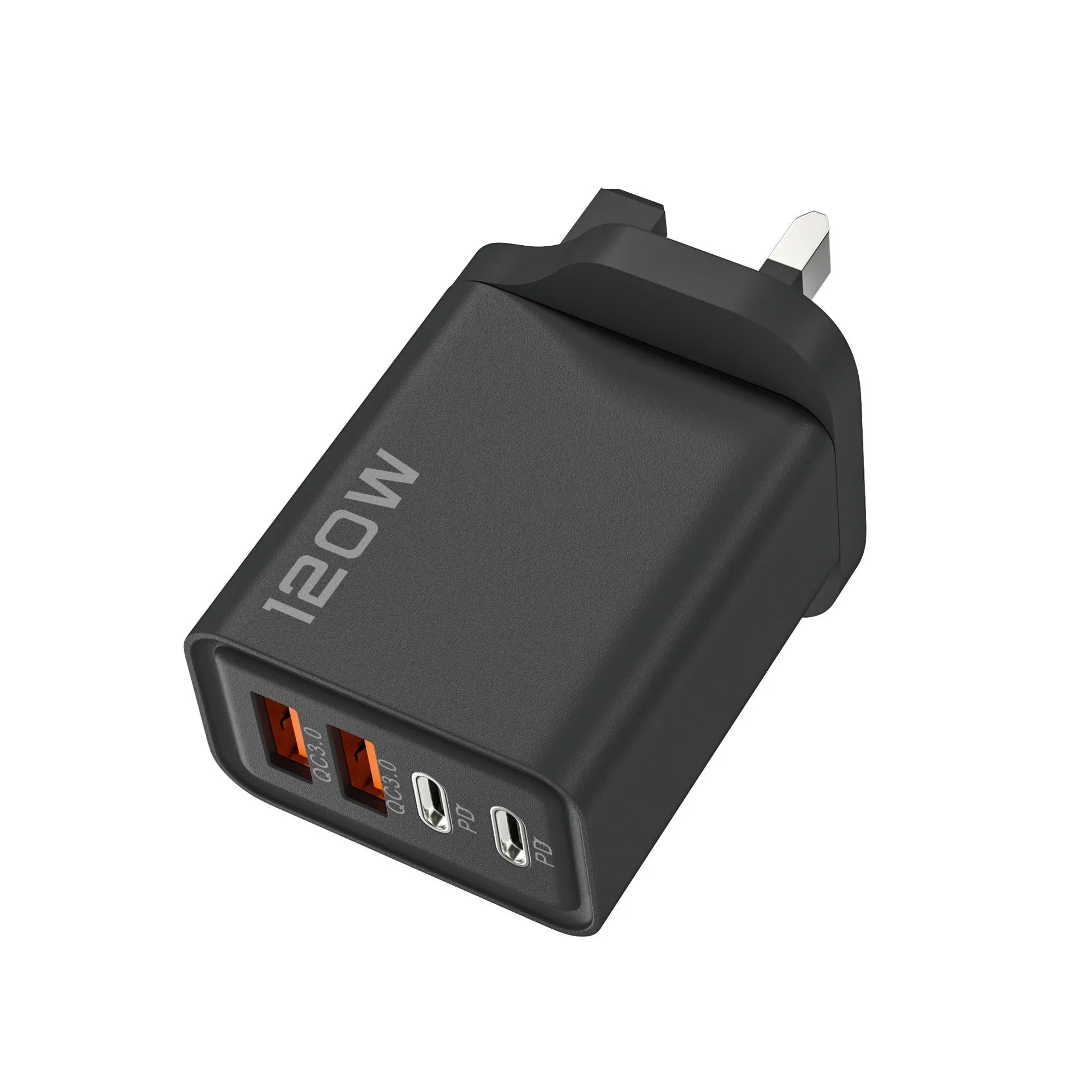 120W dual PD dual USB charger in black with interchangeable UK EU US plugs