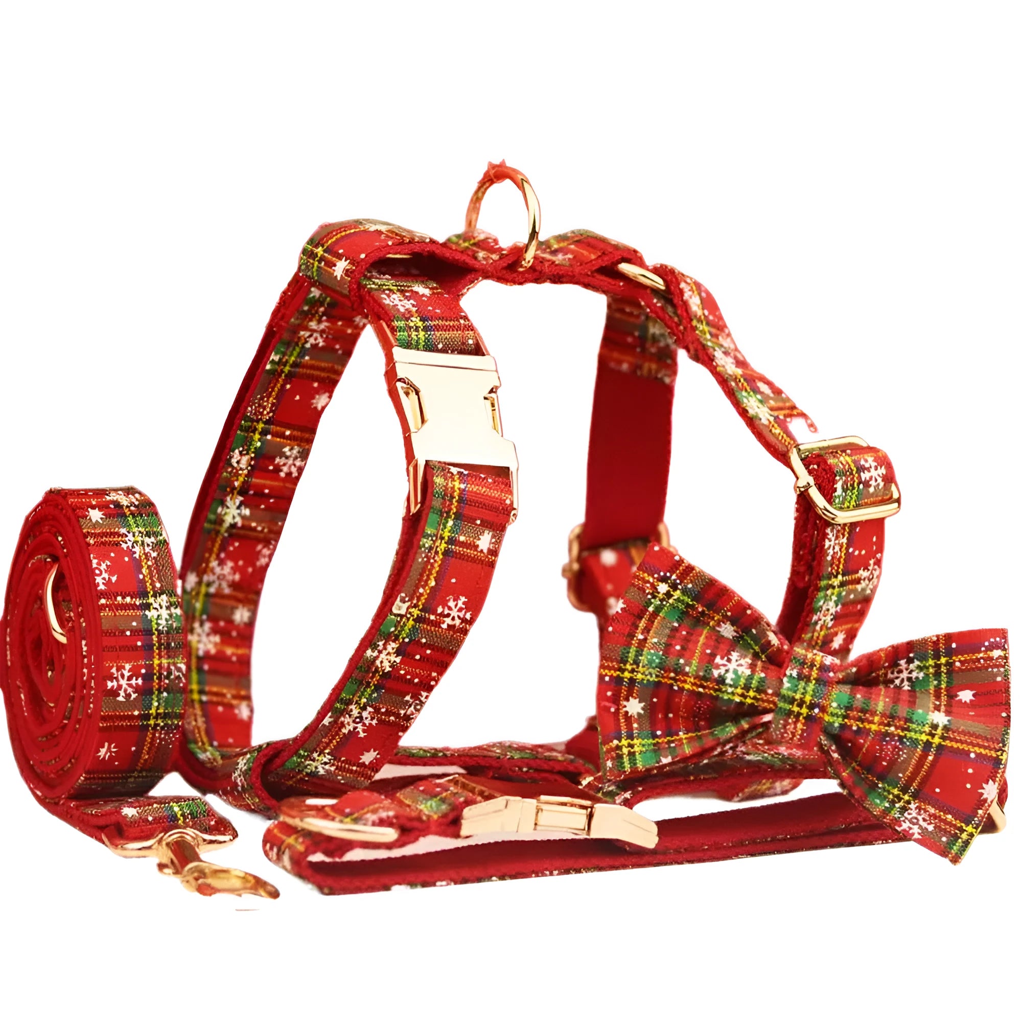 Red snowflake plaid fabric pet collar and leash set with matching dog vest and decorative bow.
