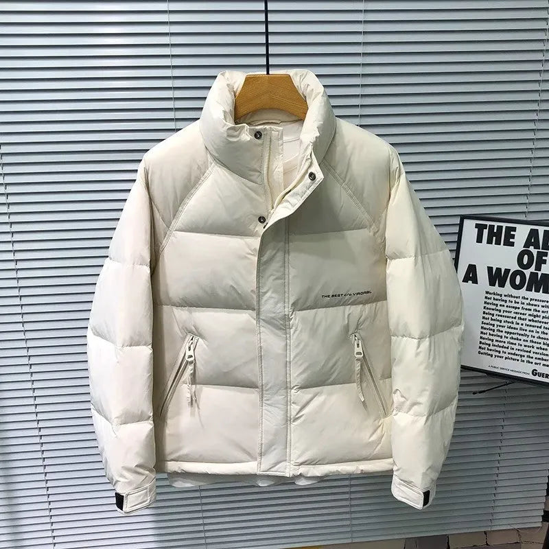 Men's stand collar thick down jacket in solid black colour on a plain background