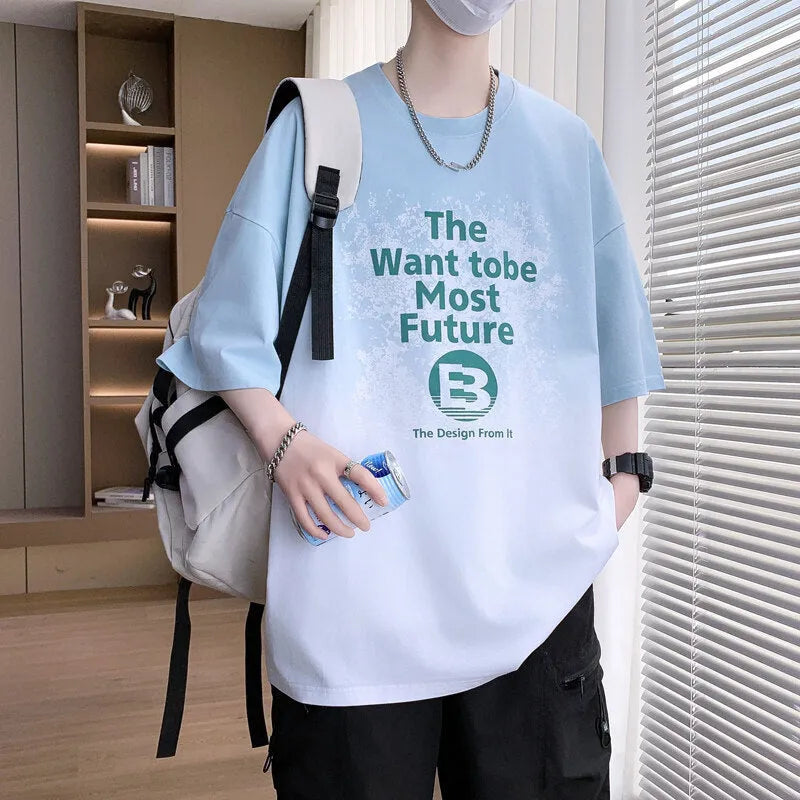 Boys cotton t-shirt with printed text pattern in dark blue colour with drop-shoulder short sleeves