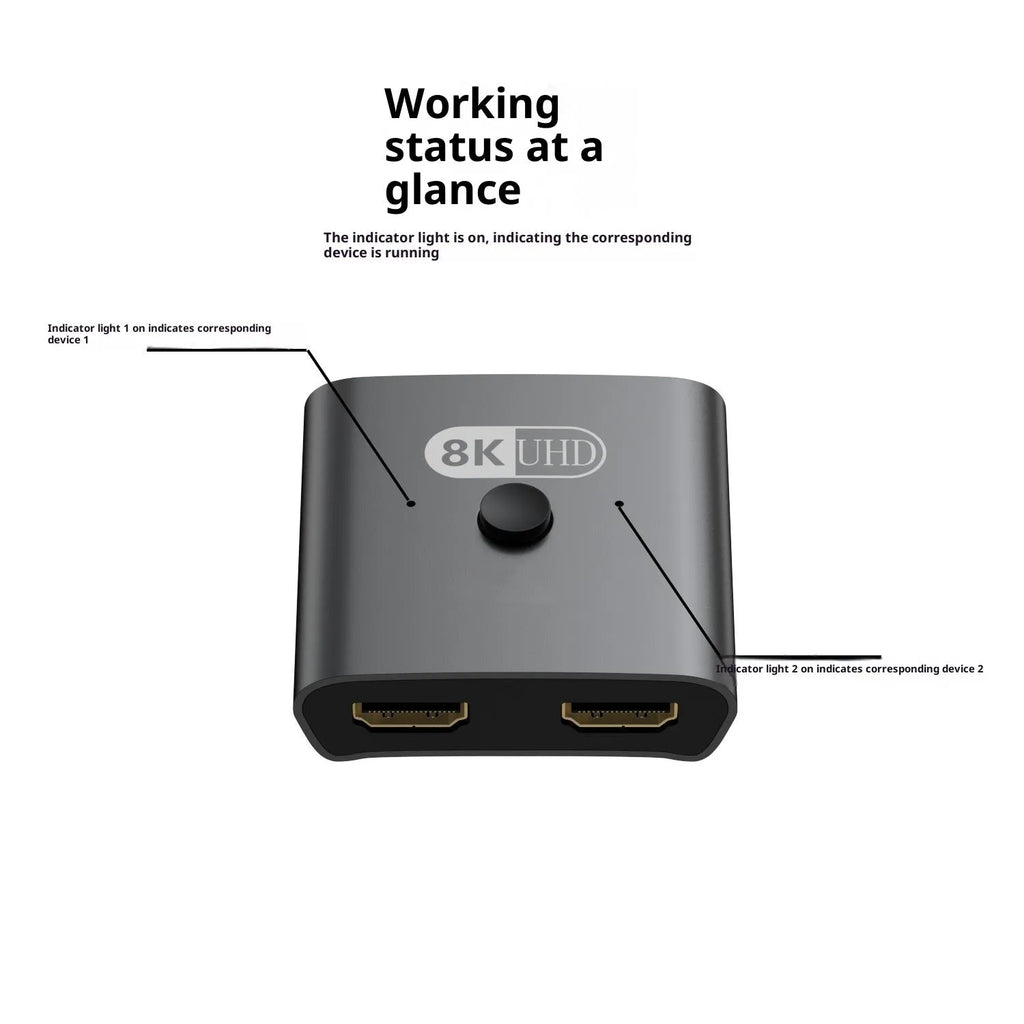 AB two-in-one-out bidirectional switcher supporting 4K and 8K resolution with split screen and 5-metre cable