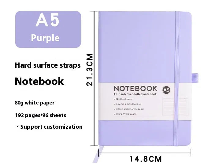 A5 soft touch PU leather notebook open on lined pages, shown in multiple colour options.