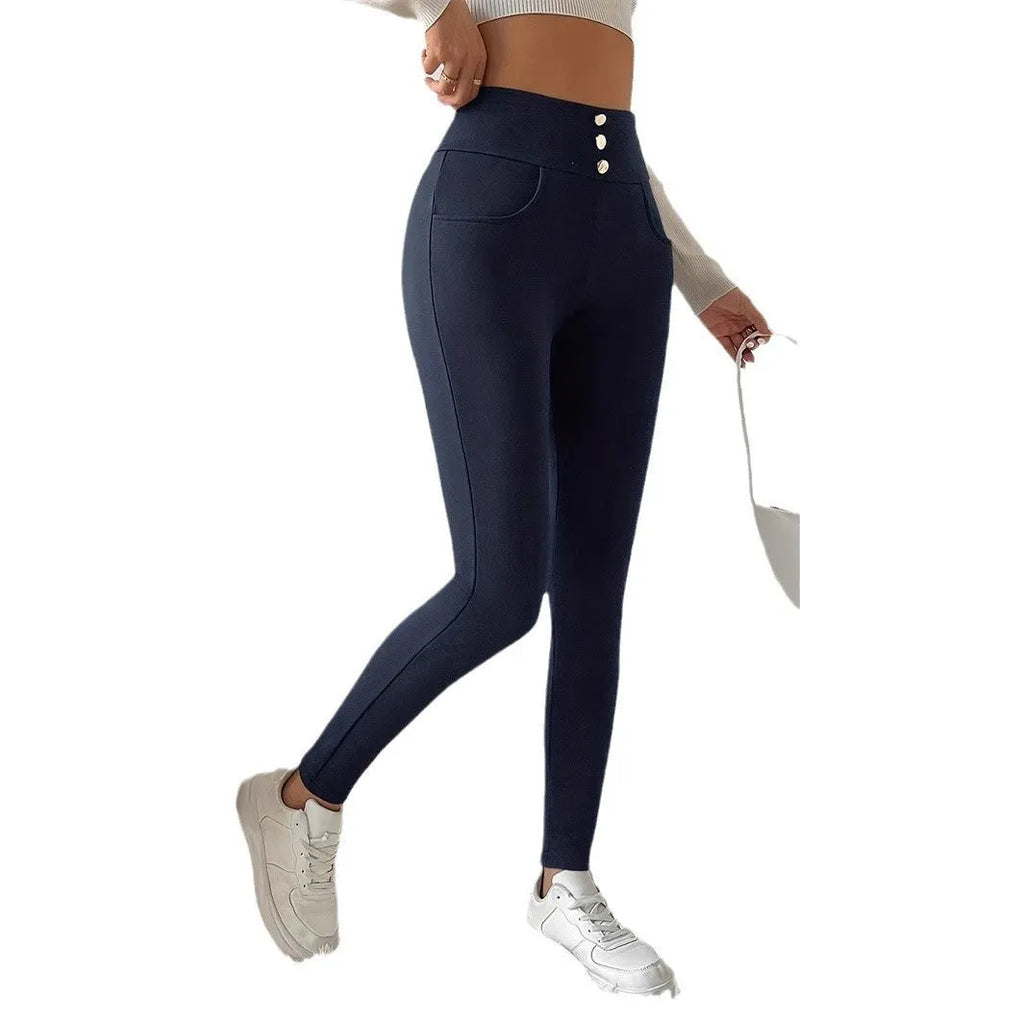 Women's navy blue high-waist straight-leg trousers in casual style with polyester fabric