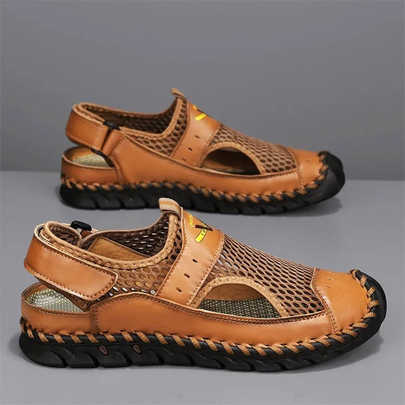 Men's brown genuine leather mesh breathable casual shoes with elastic band and round toe on a white background.