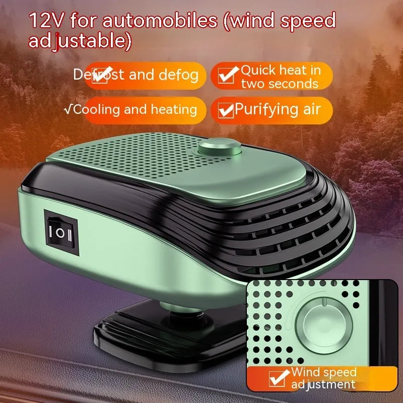 White or green portable 12V 24V warm air blower heater for car and truck use.