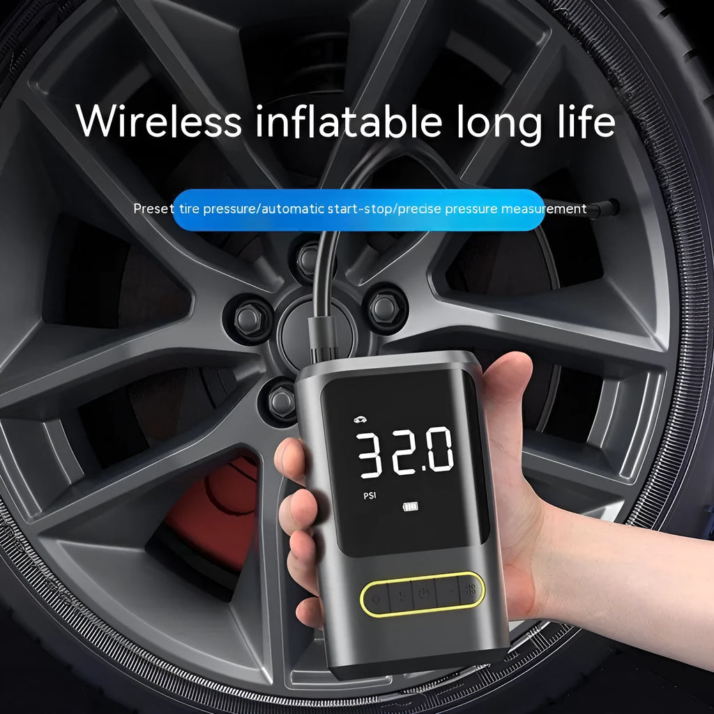 Handheld wireless air pump with digital display showing tyre pressure measurement