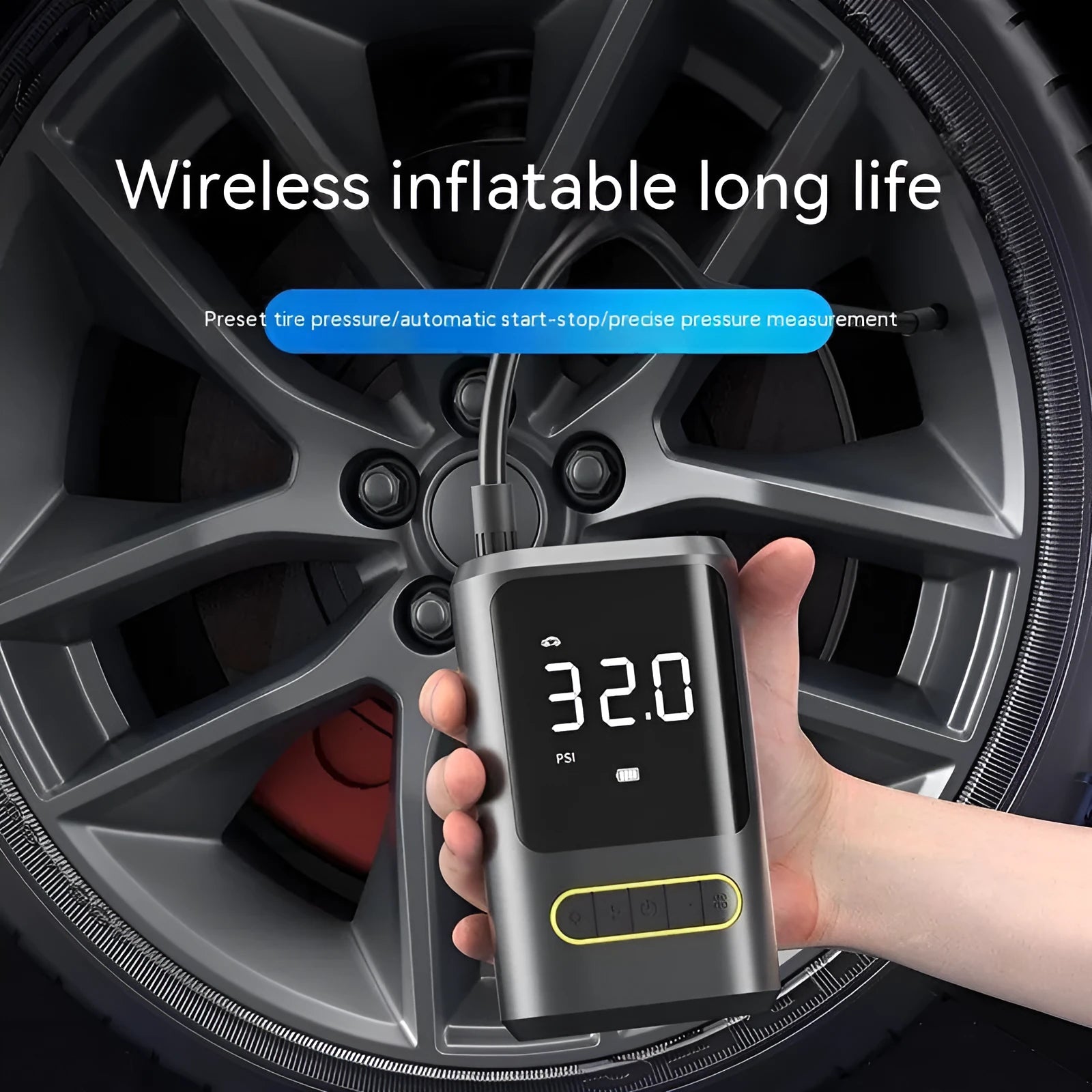 Handheld wireless air pump with digital display showing tyre pressure measurement