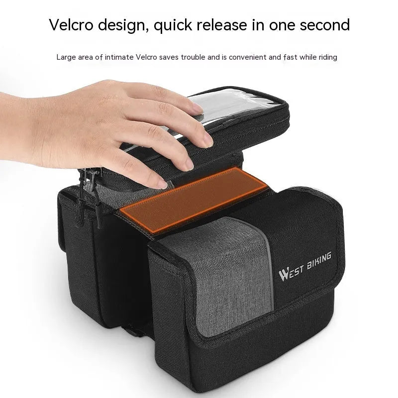 Black and grey bilateral tube saddle bag with touch screen compartment mounted on bicycle