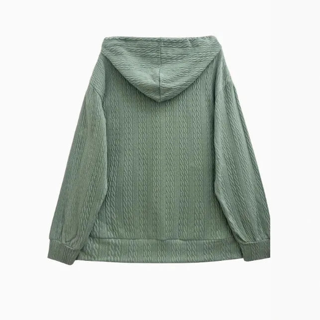 Green women's hooded sweater coat with full zipper front in a loose casual fit.