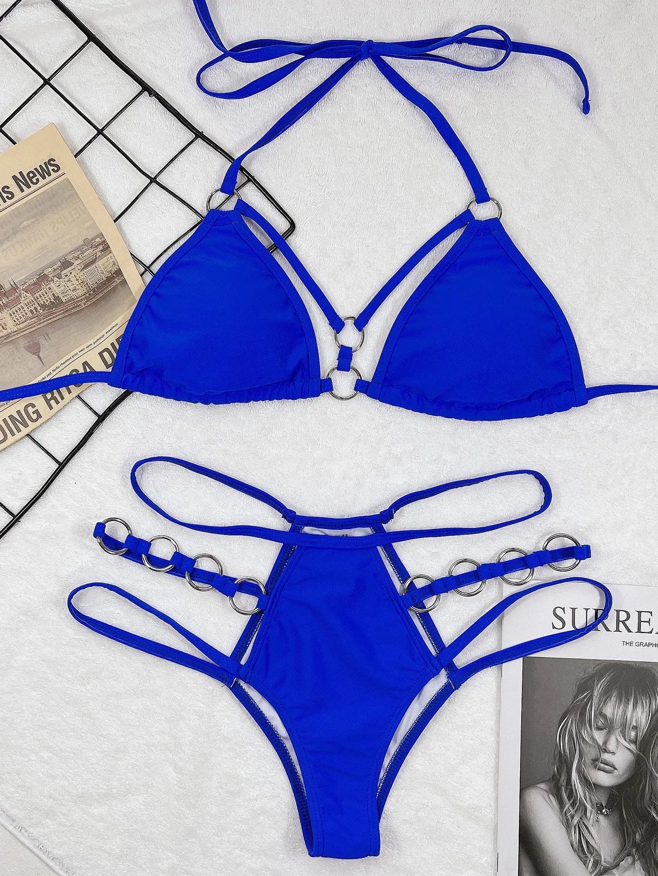 Women's pure colour separated bikini set in red, black, brown, rose red, or royal blue.