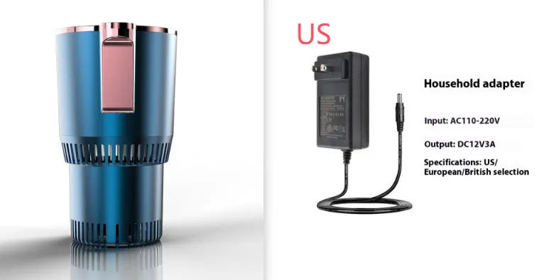 Black 12V car cup warmer and cooler with digital temperature display placed in a car cup holder.