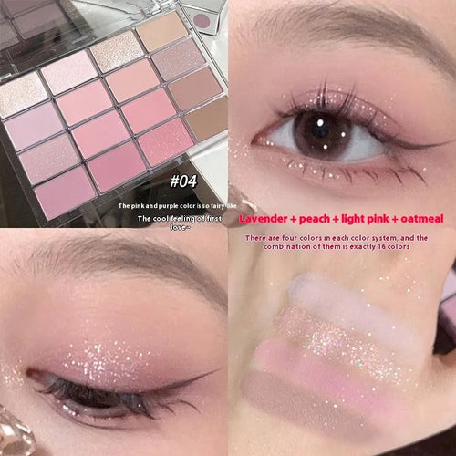 Crouching Silkworm 16-colour eyeshadow palette showing pink and brown shimmer and matte shades