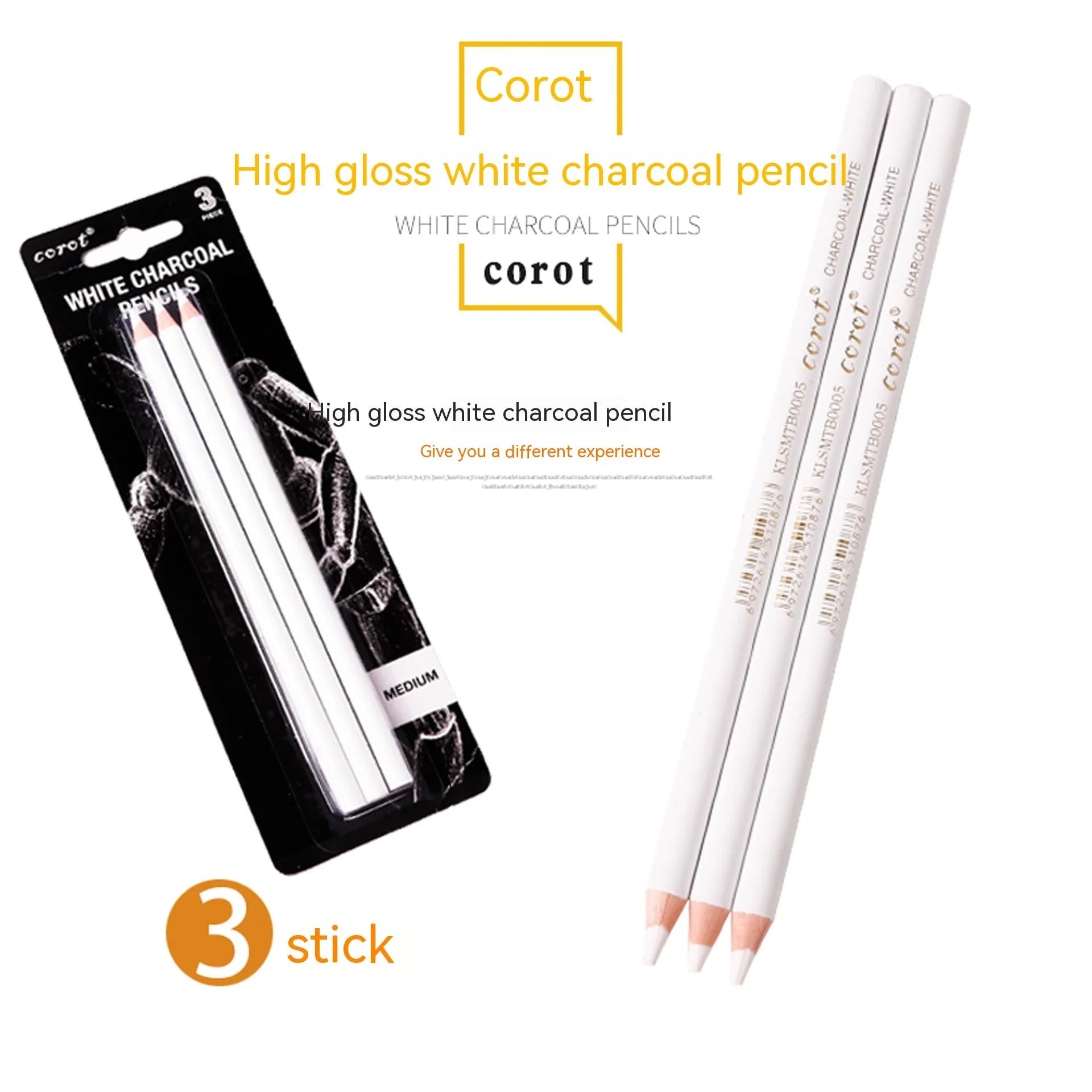 Set of three white charcoal drawing pencils with wooden casings.