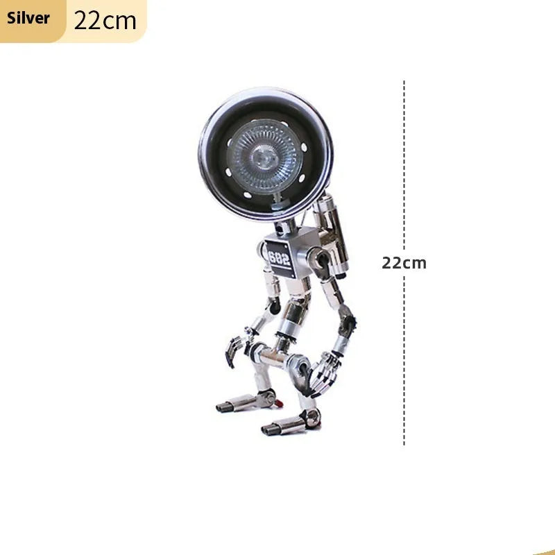 Robot-shaped atmosphere lamp with metallic silver copper finish in 22cm or 29cm sizes