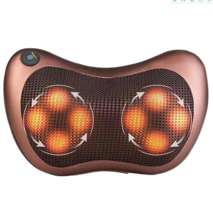 Black genuine leather neck and shoulder massage pillow with 8 heads for car and home use.