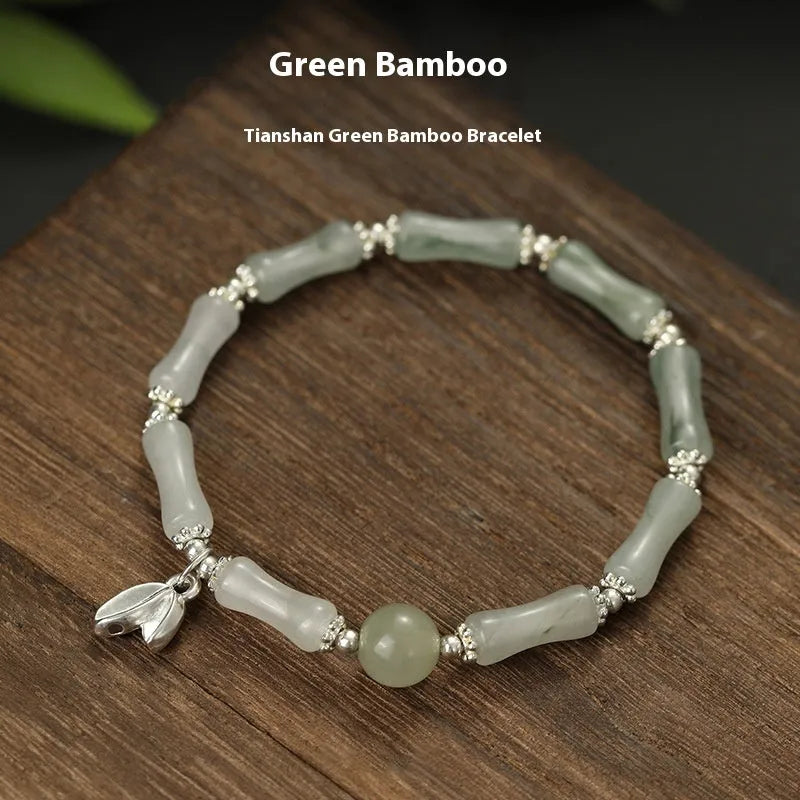 Women's antique silver bracelet with Tianshan green bamboo and bamboo joint design elements