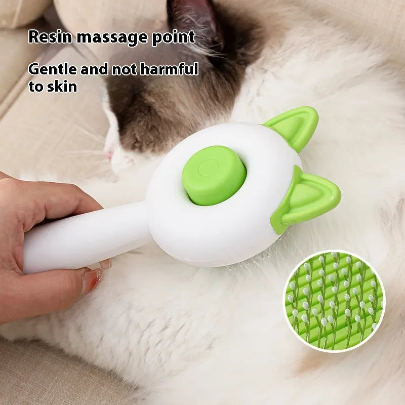 Self-cleaning pet grooming brush with stainless steel teeth and TPR massage nodules in greenish white colour