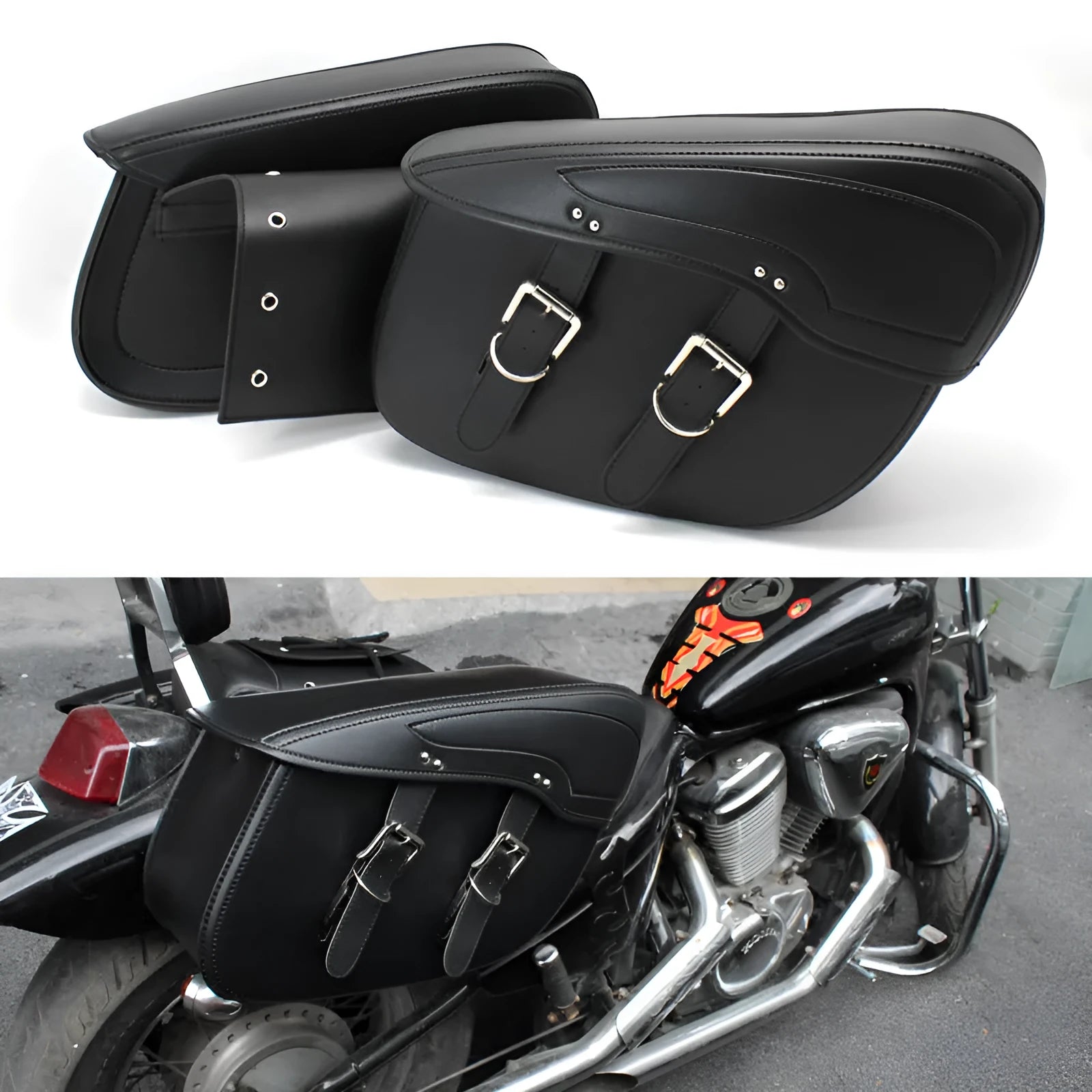 Motorcycle saddle bag retro side box in PU leather showing black and brown colour options