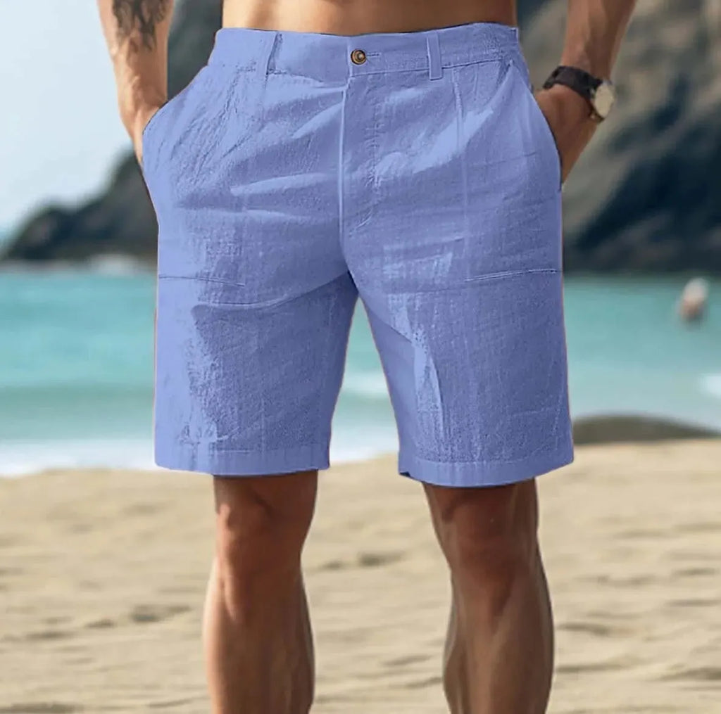 Men's cotton casual shorts in dark blue with button fly and mid-waist design