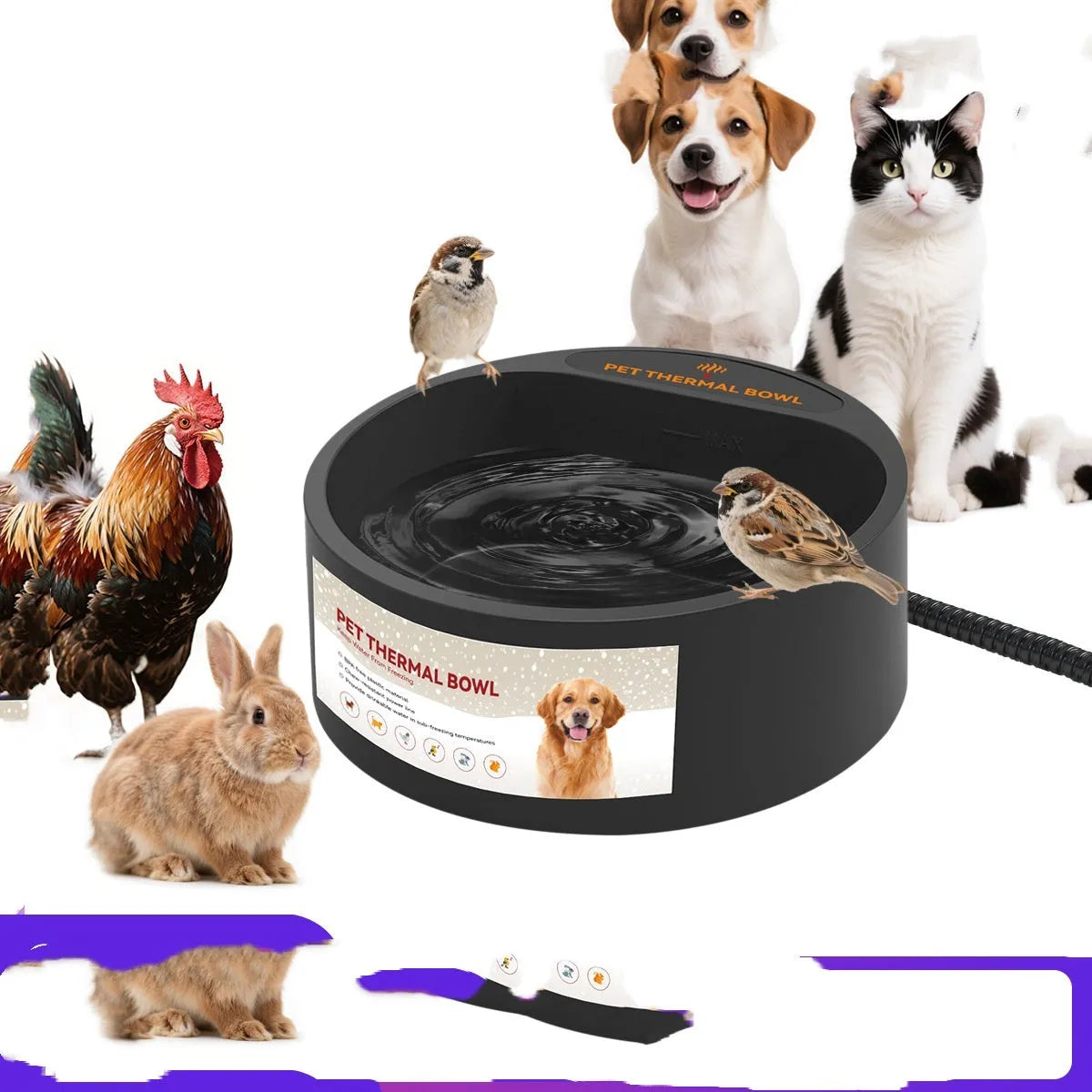 Black ABS pet heating bowl with constant temperature control for cat and dog food