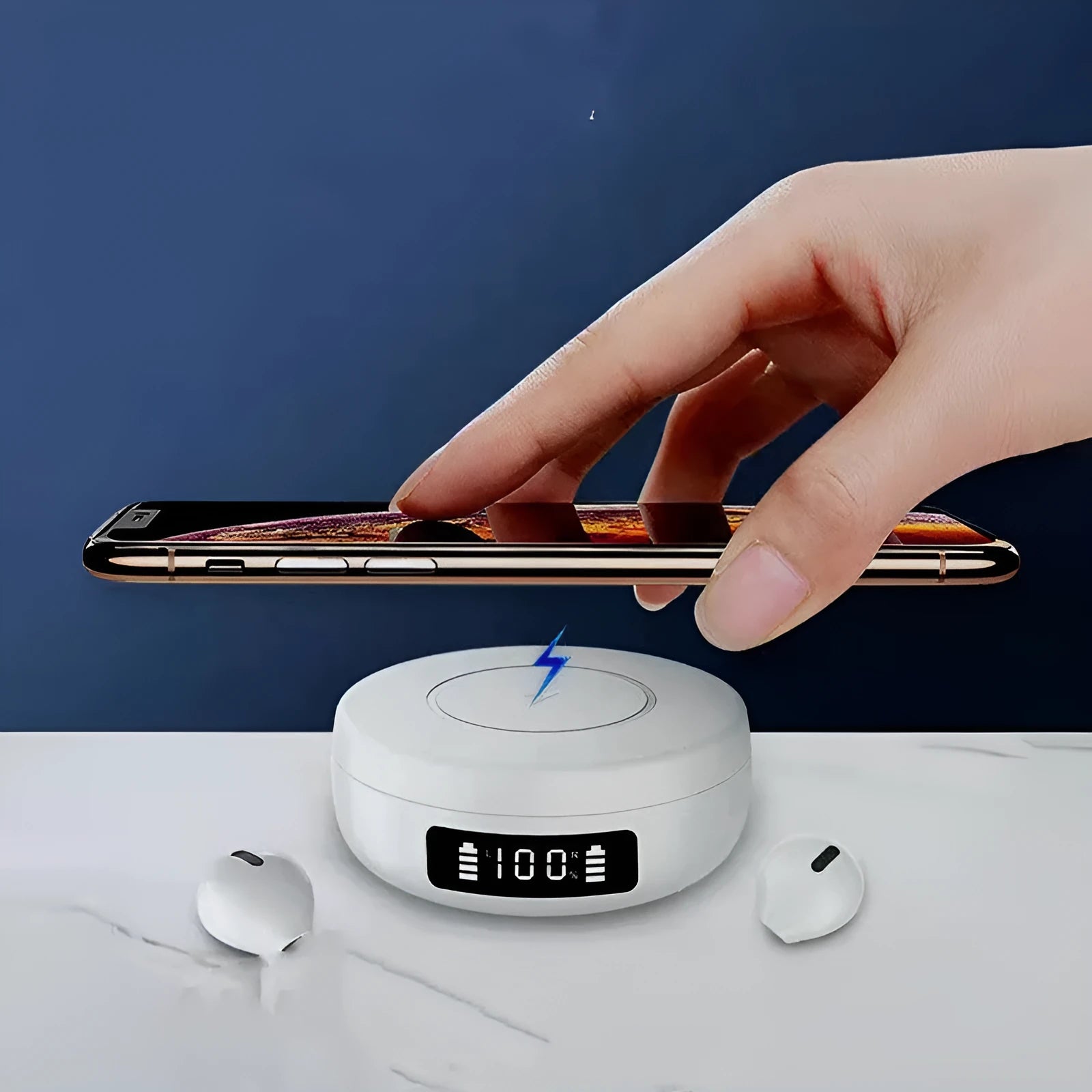 Mini black and white semi-in-ear wireless headphones with a compact charging case.