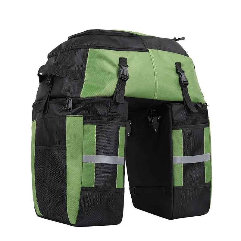 Rhinoceros brand green 70 litre bicycle rear frame storage bag mounted on a bike for touring.