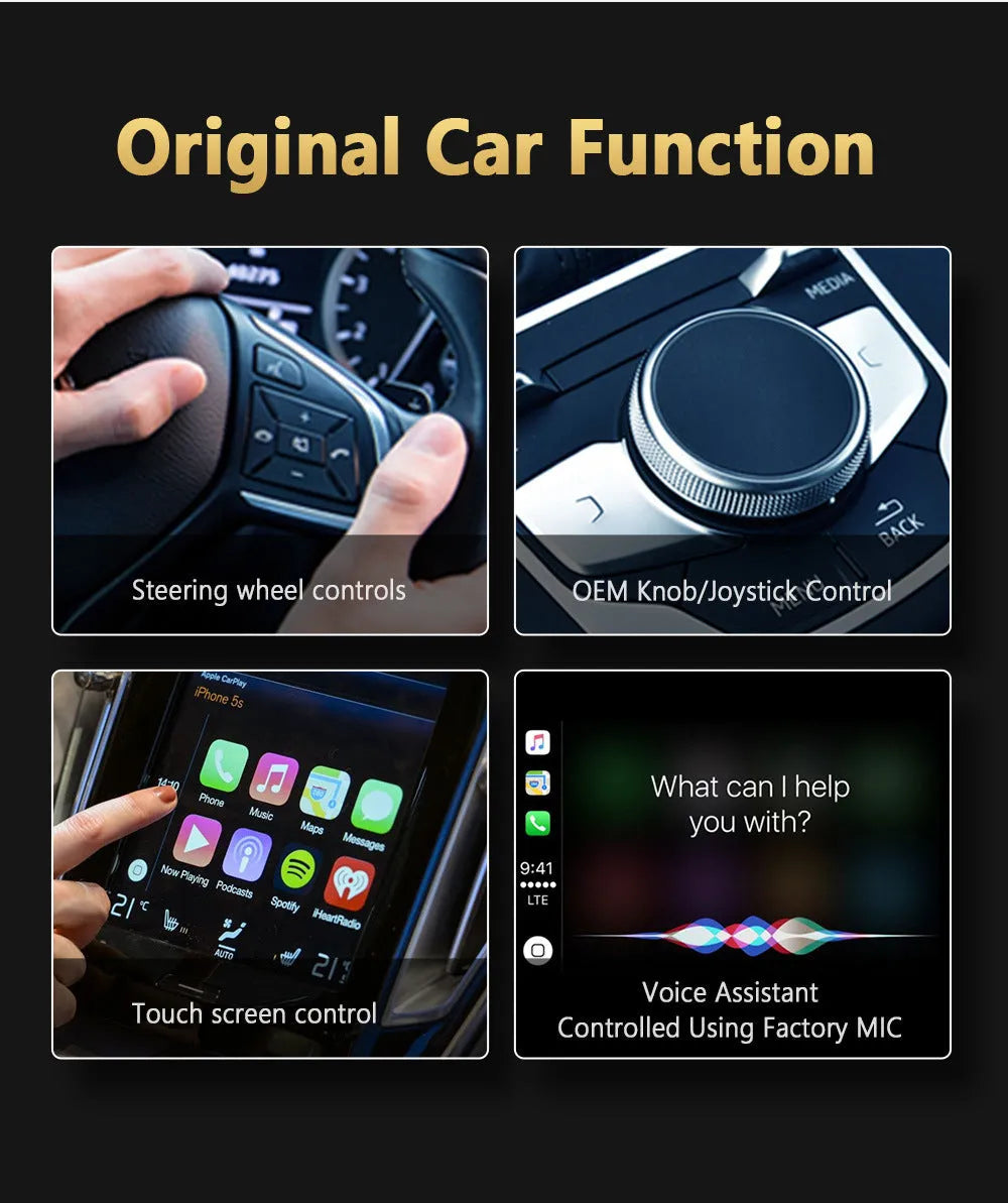 Black Android 11 CarPlay Box with 9-inch touch screen for vehicle infotainment upgrade