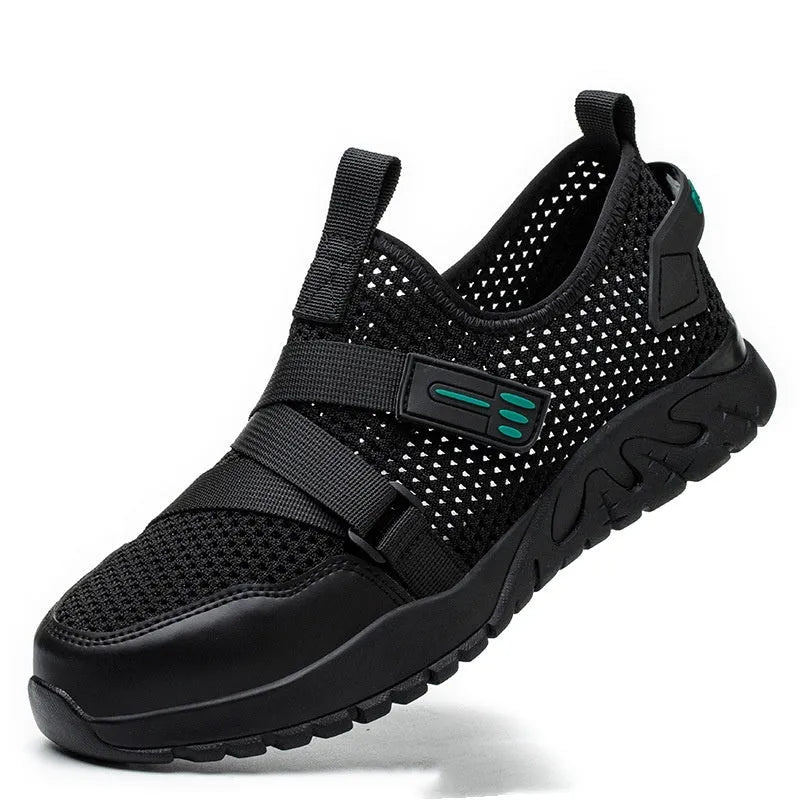 Men's grey anti-smash and anti-puncture insulation safety work shoe with a woven upper and rubber sole.