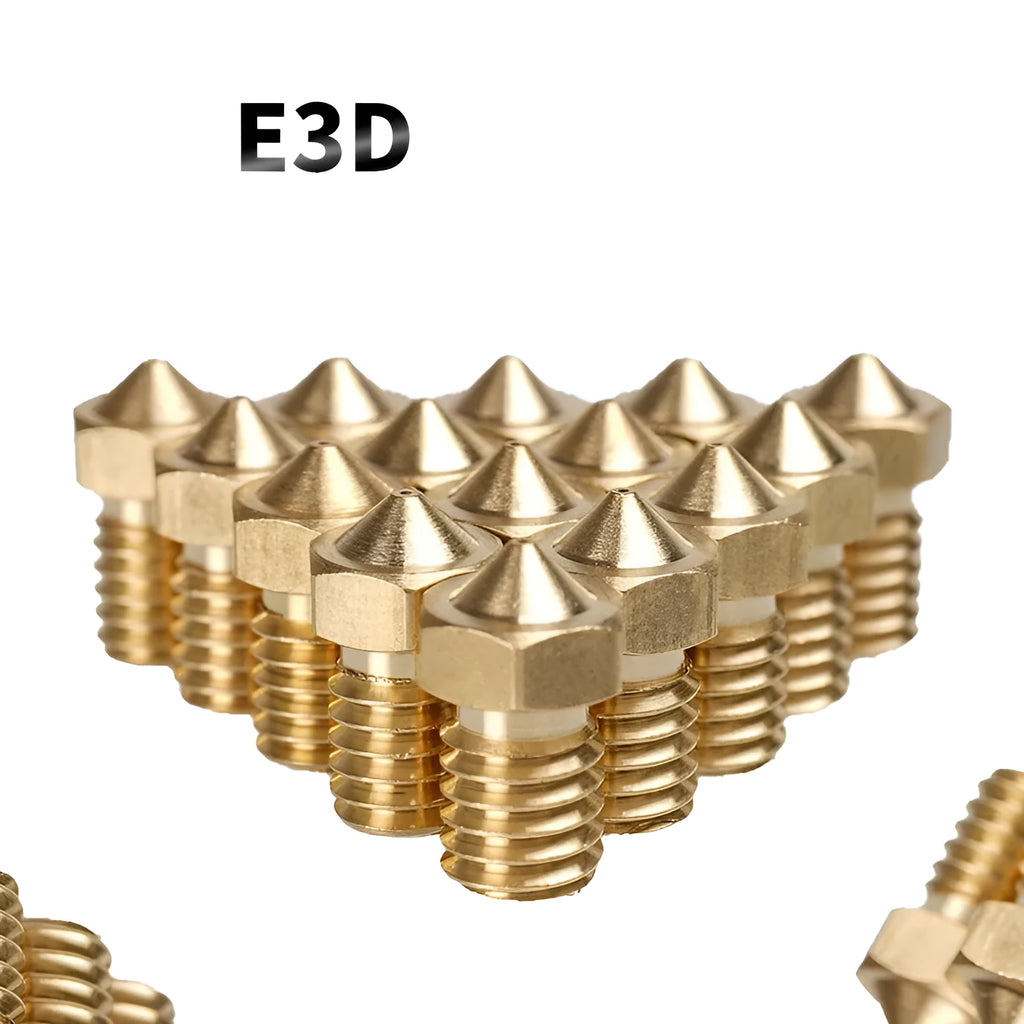 Brass 3D printer nozzle with M6 thread, shown with selection of outlet aperture sizes from 0.2mm to 1.0mm.