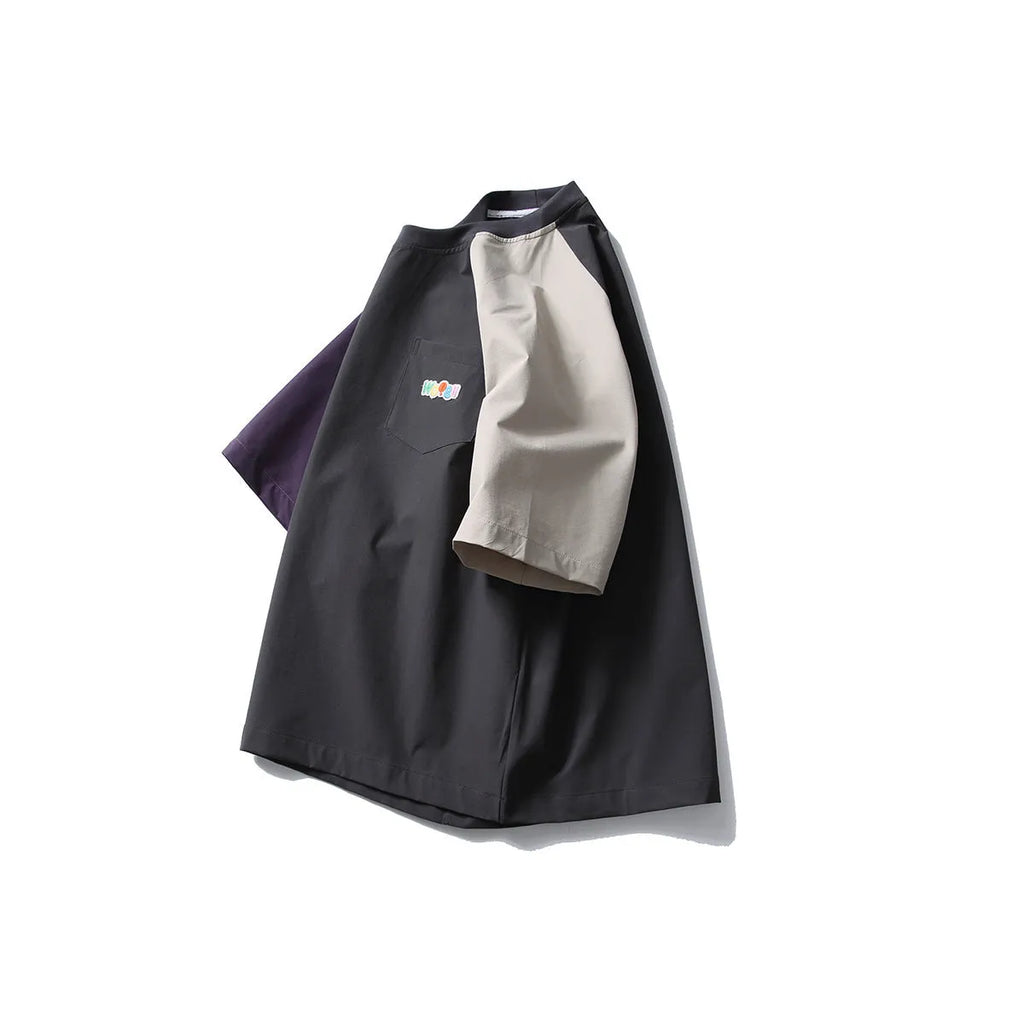 Dark grey men's T-shirt with contrast colour raglan sleeves and loose casual fit