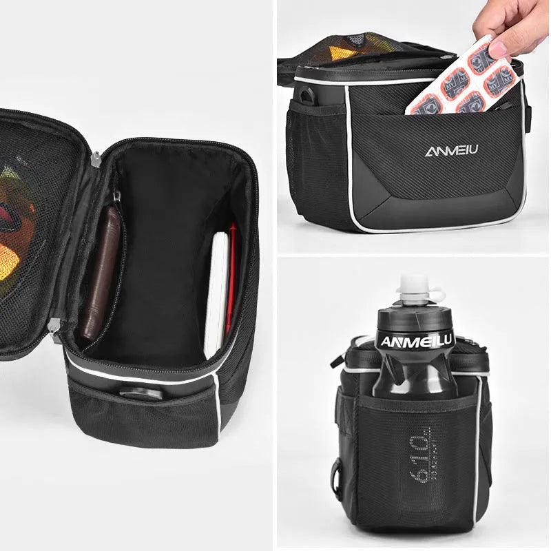 Black folding polyester bicycle bag with 7 inch capacity mounted on handlebars.