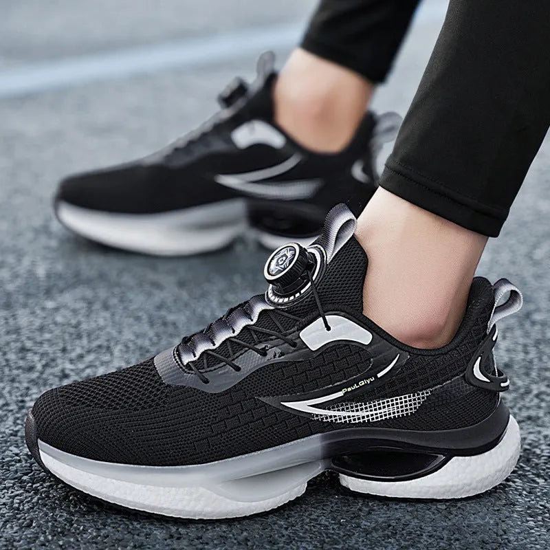 Rotating buckle running shoes in white with breathable mesh upper and low-top design