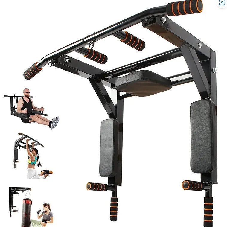 Black wall-mounted fitness equipment with sandbag rack and single parallel bars